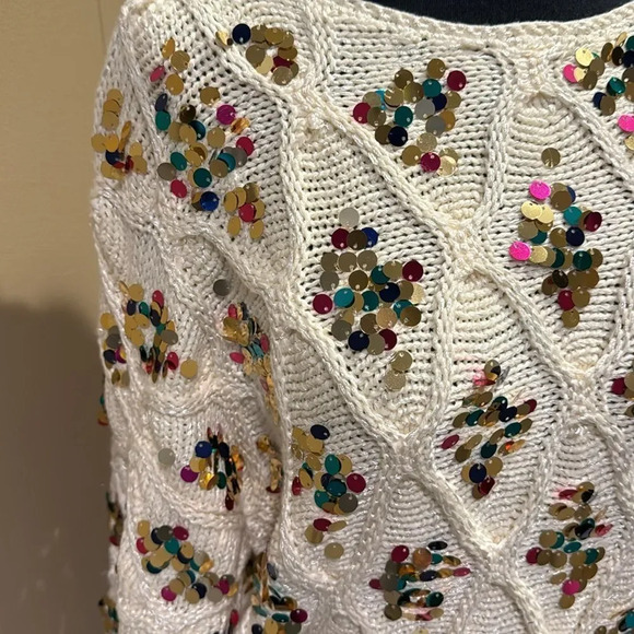 Anthropologie Lara ivory soft silky diamond pattern knit sequen accent sweater S - Picture 4 of 9